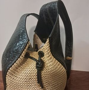 Tory Burch Black and Tan Raffia Woven Bag